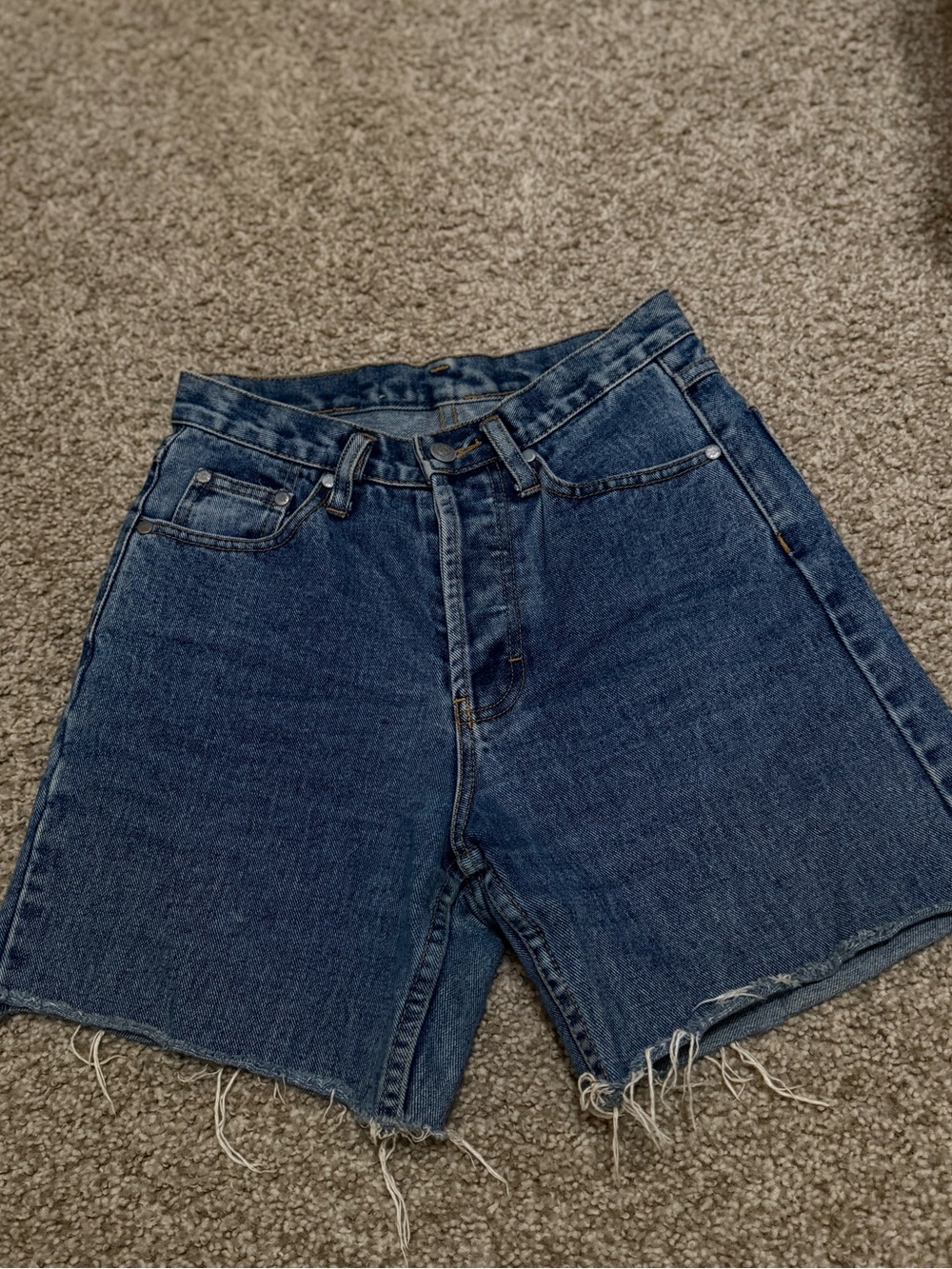 High-Rise Raw-Hem Blue Denim Shorts